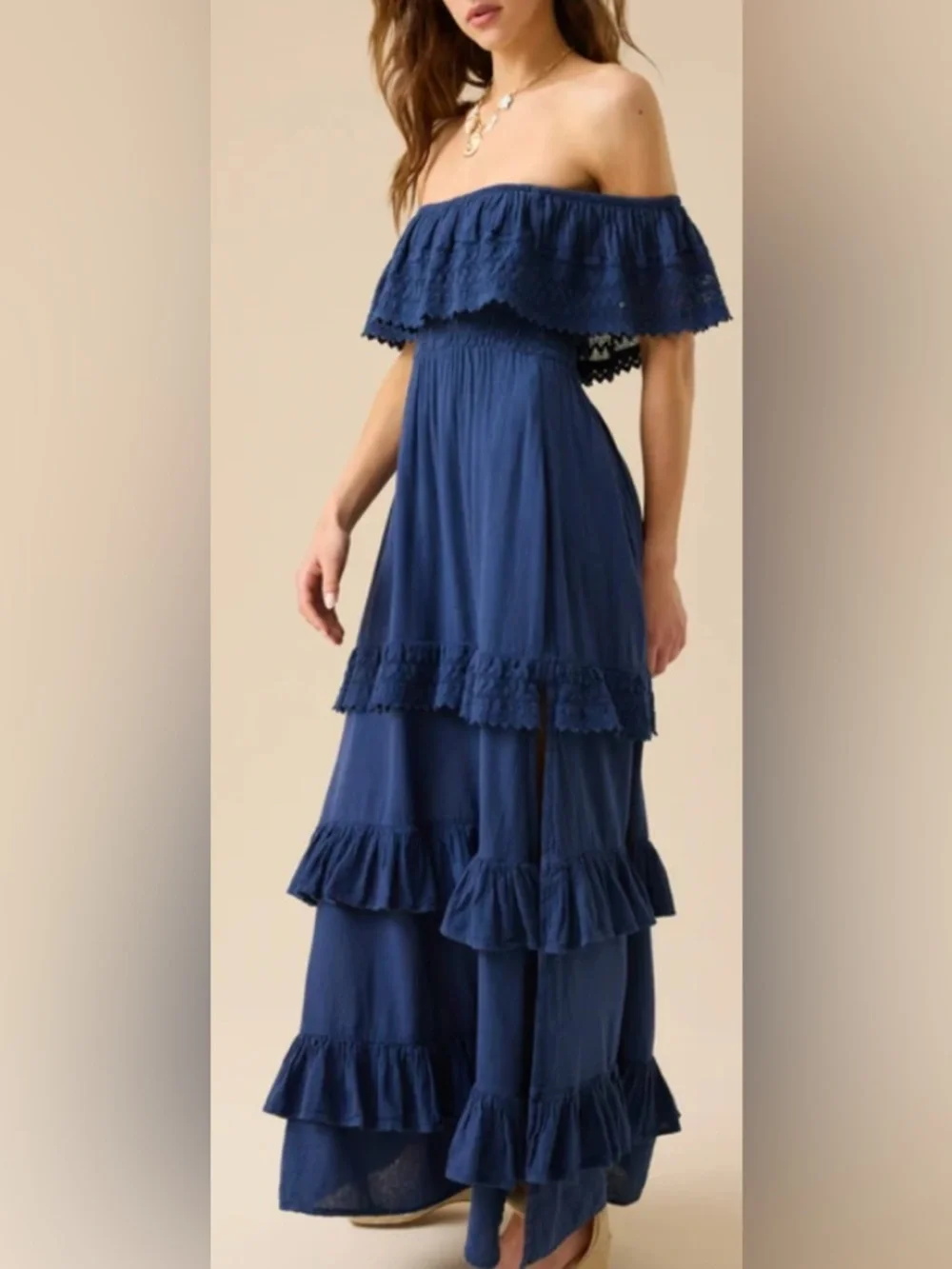 Altar'd State Navy Tiered Off the Shoulder Ruffled Maxi Dress (Becca): M - Picture 3 of 9